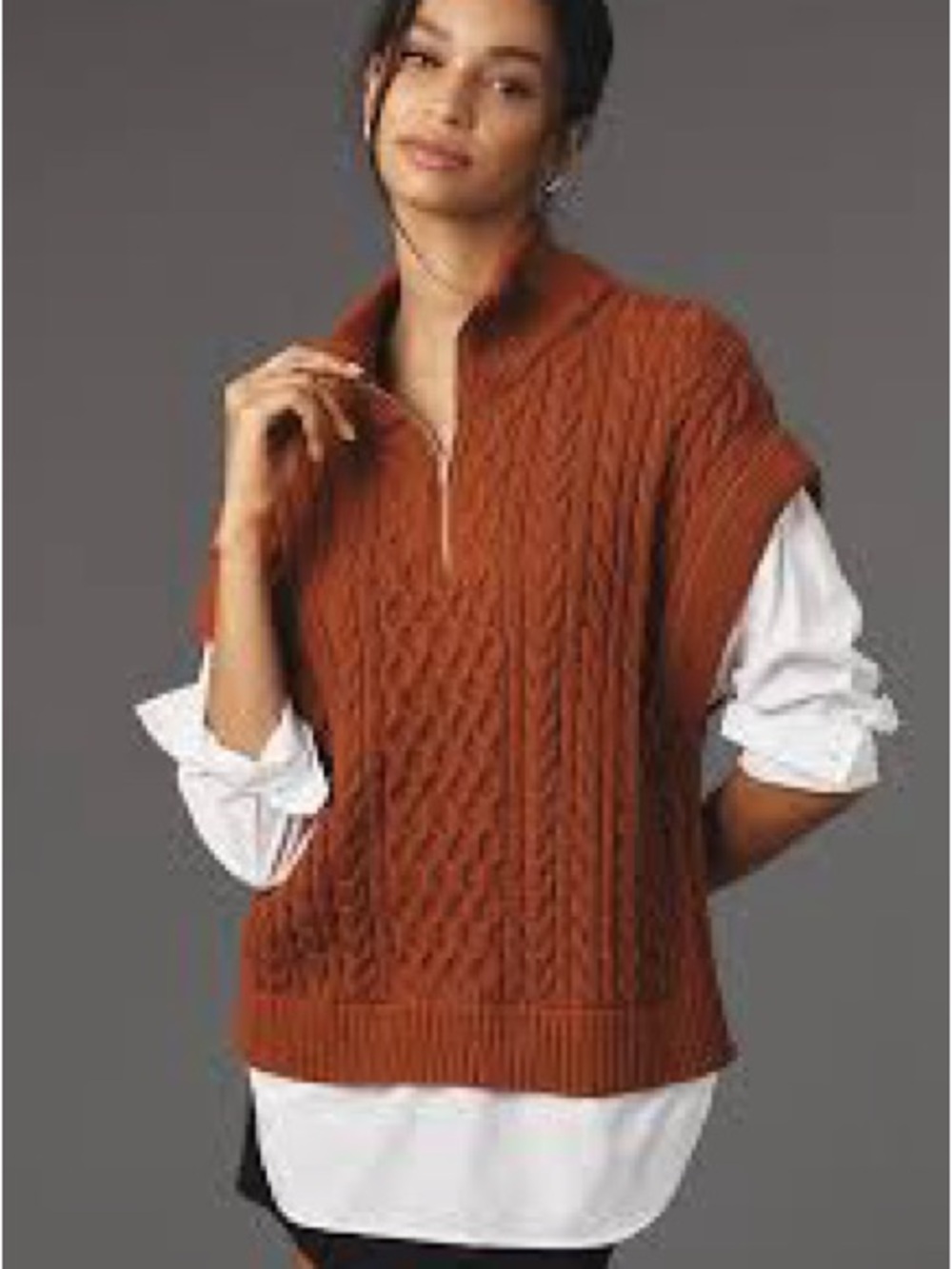 Rust Cable-Knit Half-Zip Sweater with Shirt Layer